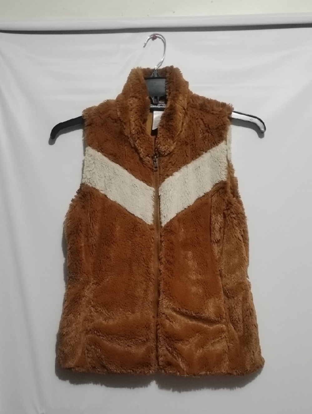PATAGONIA Faux Fur Zip-Front Vest in Chestnut with Cream Chevron
